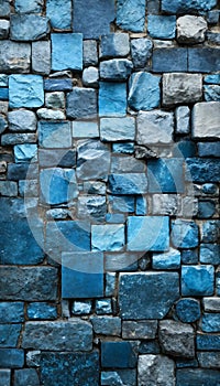 brick wall with blue sky. Wall with stone textures of blue squares