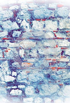 Brick Wall Broken Plaster Backdrop. Textured Vintage Background with Vignette