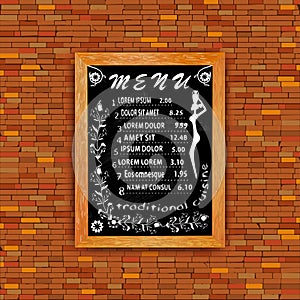 On a brick wall in cartoon style, hanging in a frame on a blackb