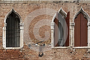 Brick wall characteristic of the houses of Venice, Italy. photo
