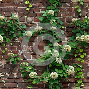 Brick wall with climbing hydrangea