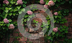 Brick wall with climbing hydrangea