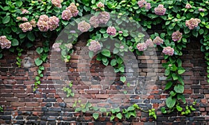 Brick wall with climbing hydrangea