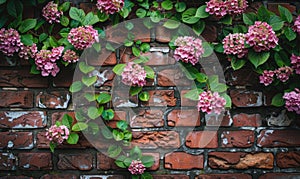 Brick wall with climbing hydrangea