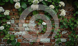 Brick wall with climbing hydrangea
