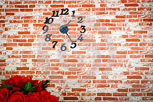 Brick wall with clock in cafe, background and copy space
