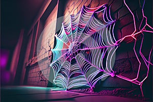 Brick wall with colored neon cobwebs on an empty street at night. AI generated