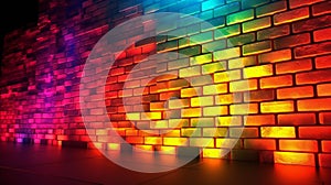 A brick wall with colorful lights in the dark