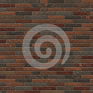 Brick wall composed of rectangular bricks in red and dark brown tones. The bricks
