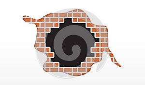 Brick wall and cracked black holes for copy space background, cracked brick on concrete wall white backdrop, exploding circle hole