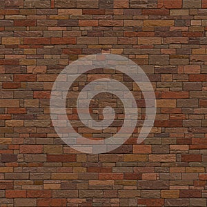 A brick wall features an interlocking pattern of rectangular bricks in shades of red,