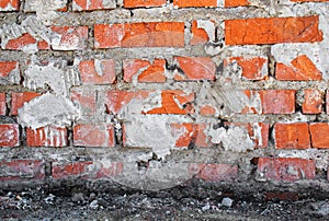 Brick wall and foundation of an old house built in the middle of the last century. Background