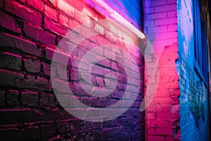 Neon Light Shining on Brick Wall. Generative AI