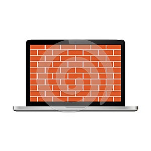 Brick wall on modern laptop screen. Firewall concept.