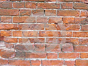 Brick wall. Old flaky white paint peeling off a grungy cracked wall. Cracks, scrapes, peeling old paint and plaster on background