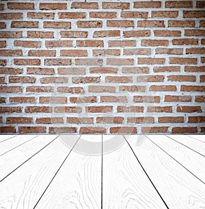 Brick wall and perspective white wood background,product display
