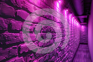 A brick wall with a pink hue and a blurry background. Neon lights. The wall appears to be wet and has a shiny