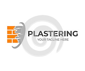 Brick wall with plaster or plastering, logo design. Construction, repair and finishing works, vector design