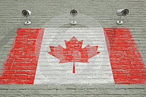 Brick wall with printed national flag of Canada and CCTV cameras. Surveillance system conceptual 3D rendering