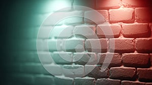 A brick wall with a red light shining through it