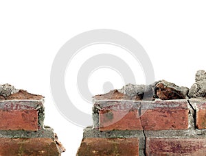 close-up ruined red brick wall isolated on white background