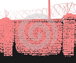 Brick wall, with round barbed wire. Vector illustration, template.