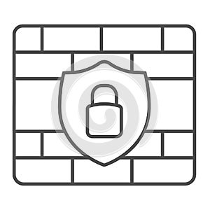 Brick wall and security emblem with lock thin line icon, web security concept, Brandmauer access rules sign on white