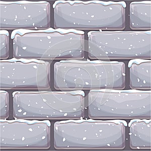 Brick wall with snow, stone bricks, rock surface in cartoon style, winter seamless background. Ui game asset, pavement
