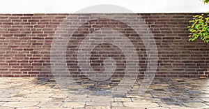 Brick wall stone wall stone floor gravel floor backdrop background sunlight and tree shadow 3D rendering