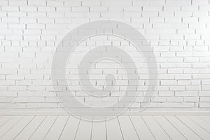 brick wall white color and wooden plank floor for background or texture