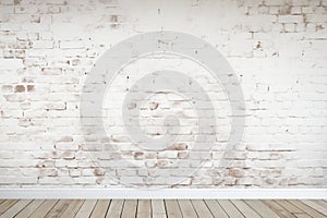 brick wall white color and wooden plank floor for background or texture