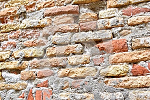 Brick wall is worn and textured by weather