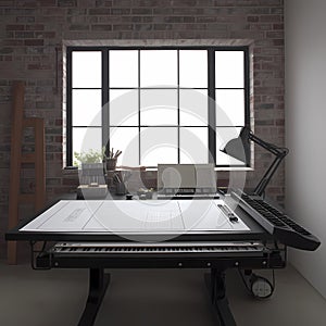 Brick-walled workspace with large window and desk setup.