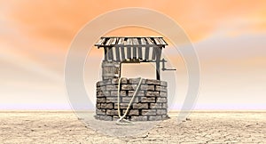 Wishing Well With Wooden Bucket On A Barren Landscape photo