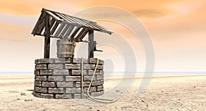 Wishing Well With Wooden Bucket On A Barren Landscape photo