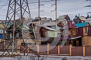 The brick and wooden houses with the slate roofs in Ulan-Ude, Buryatia, Russia.