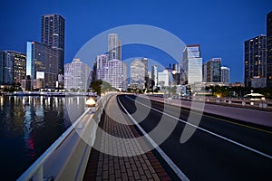 Brickell Key Bridge and City of Miami skyline in pre dawn twilight.