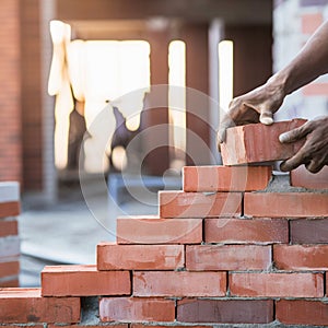 Bricklayer building wall with neatly aligned bricks, indicating a bustling environment.