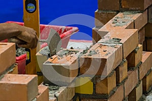 Bricklayer installing bricks, Bricklayer worker installing brick