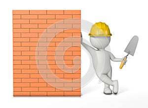 Bricklayer leaning against a new brick wall