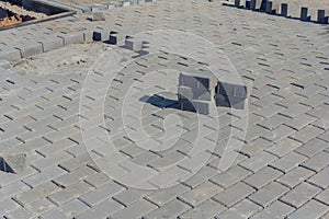 Bricklayer places concrete paving stone blocks for building up a Sidewalk pavement