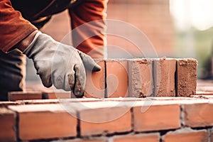 bricklayer working on brick wall at construction site