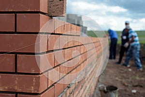 Bricklayers building a house wall photo