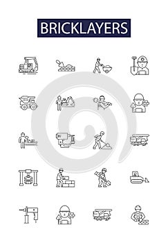 Bricklayers line vector icons and signs. Bricklayers, Brickies, Trowelers, Wallers, Tilers, Layer-ups, Renderers photo