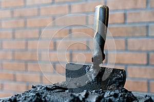 Bricklayers trowel in fresh mortar with bricks wall n the background