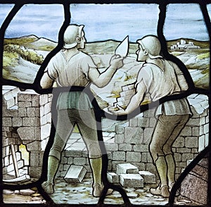 Bricklaying in a stained glass window