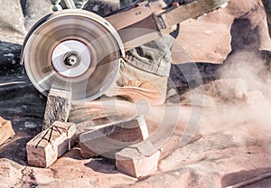 Bricks cut with circular saw.