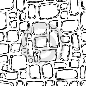 Bricks handdrawn seamless black and white pattern. Vector illustration.