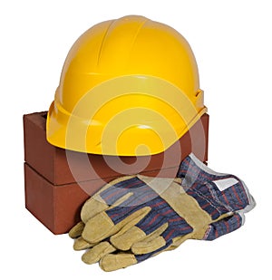 Bricks ,hard hat and gloves