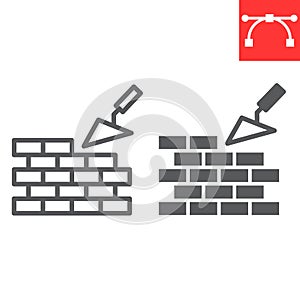 Brickwork line and glyph icon, construction and trowel, build brick wall sign vector graphics, editable stroke linear